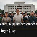 Policy analyst in a newsroom examining governance and energy charts related to Philippines politics.