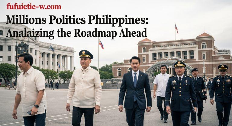 Editorial illustration depicting Philippines political landscape with diverse voters and policymakers.