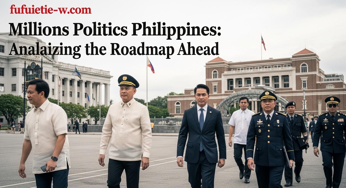 Editorial illustration depicting Philippines political landscape with diverse voters and policymakers.