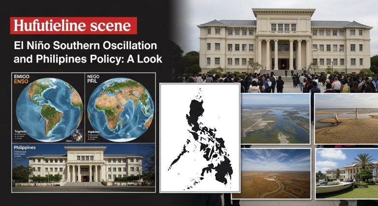Editorial collage of ENSO maps, Philippines silhouette, and energy infrastructure to illustrate El Niño Southern Oscilla