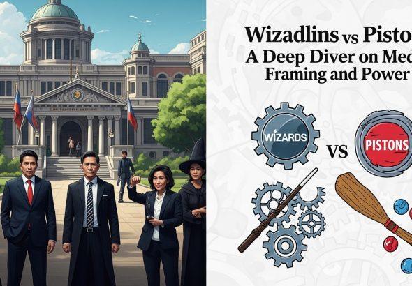 Editorial illustration of Wizards vs Pistons as political factions in a Philippine context.