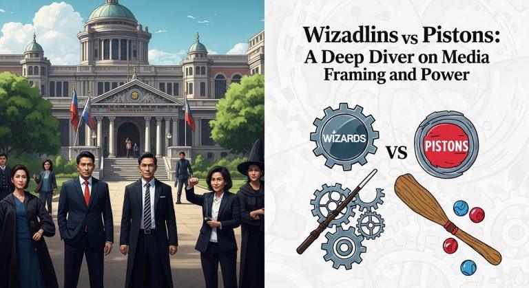 Editorial illustration of Wizards vs Pistons as political factions in a Philippine context.