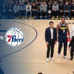 Nuggets vs 76ers in a broadcast-style montage with Philippine flag-inspired colors