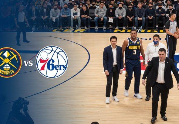 Nuggets vs 76ers in a broadcast-style montage with Philippine flag-inspired colors