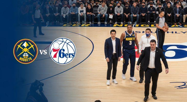 Nuggets vs 76ers in a broadcast-style montage with Philippine flag-inspired colors