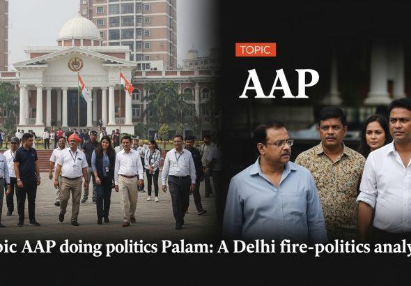 Firefighters at a Palam fire site, with political banners in the background symbolizing political discourse.