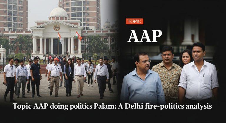 Firefighters at a Palam fire site, with political banners in the background symbolizing political discourse.